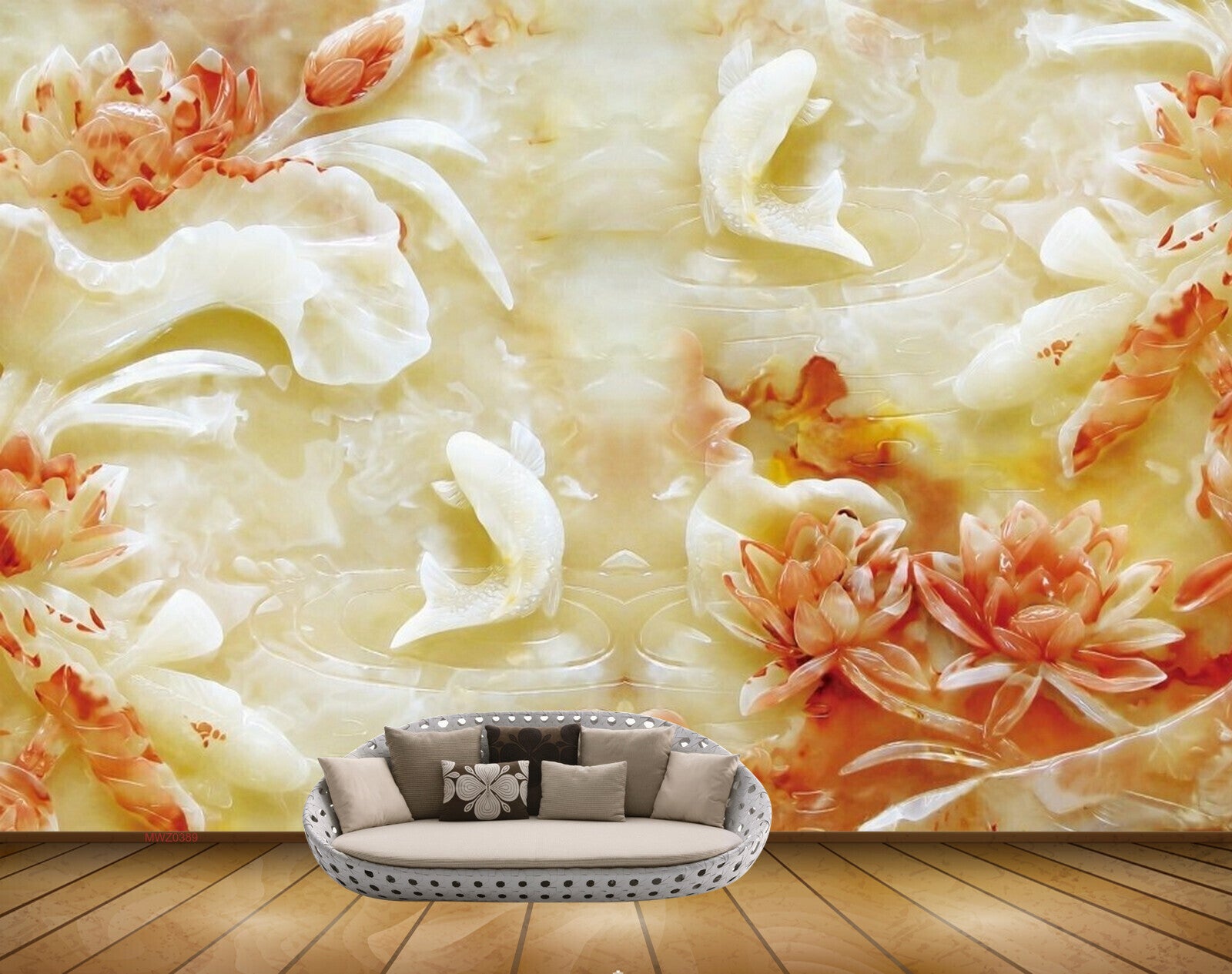 Avikalp MWZ0389 Orange Flowers White Yellow Fishes 3D HD Wallpaper
