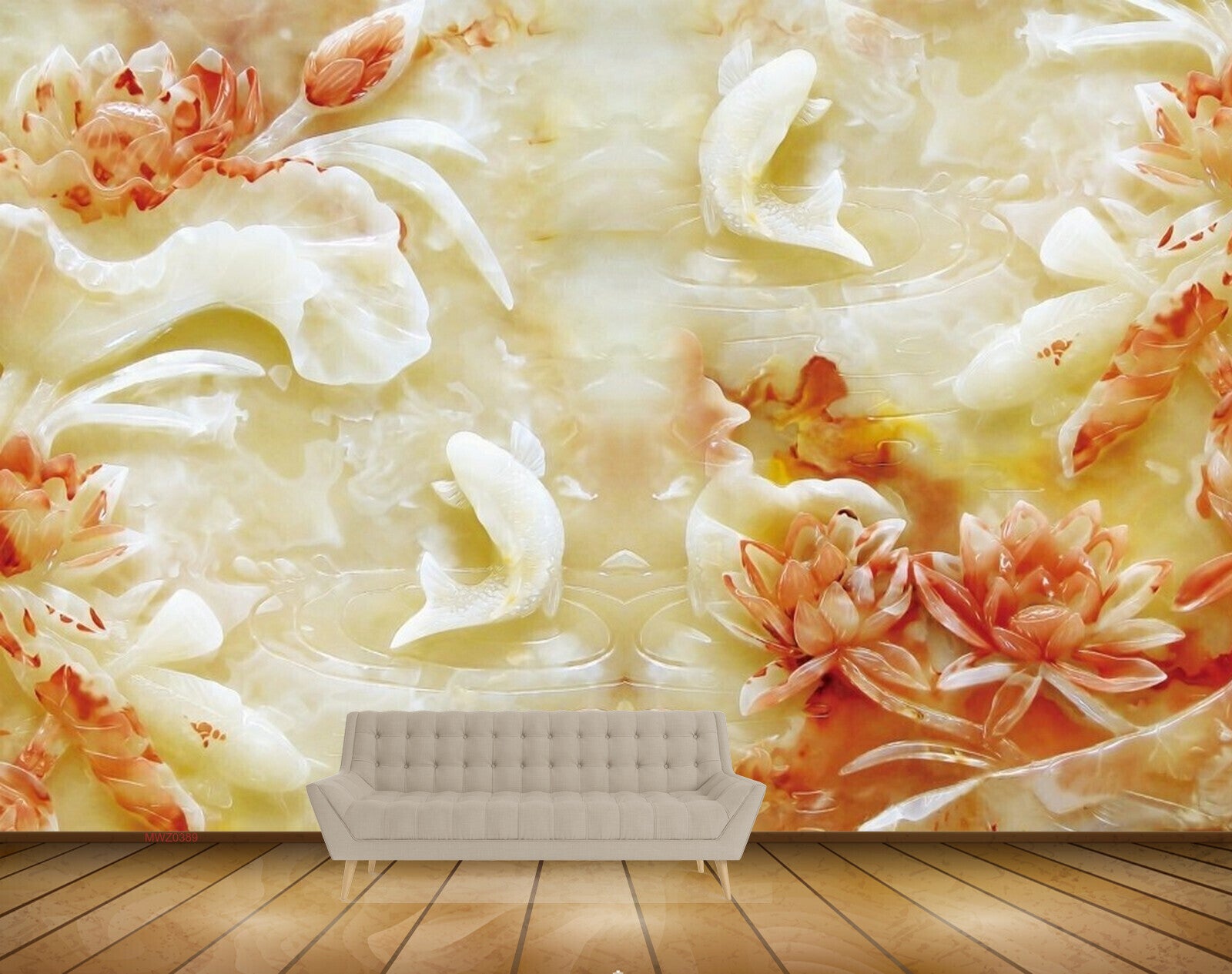 Avikalp MWZ0389 Orange Flowers White Yellow Fishes 3D HD Wallpaper