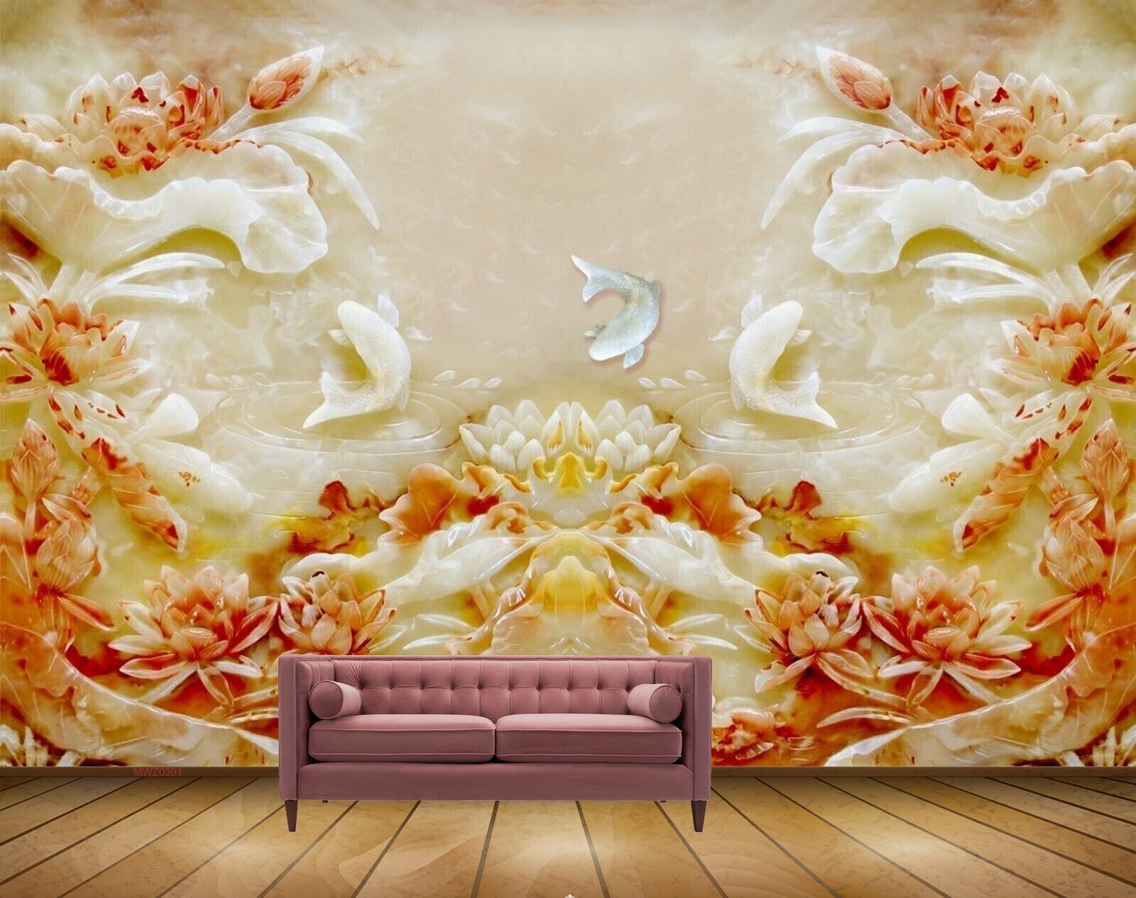 Avikalp MWZ0391 Orange Flowers White Yellow Fishes 3D HD Wallpaper