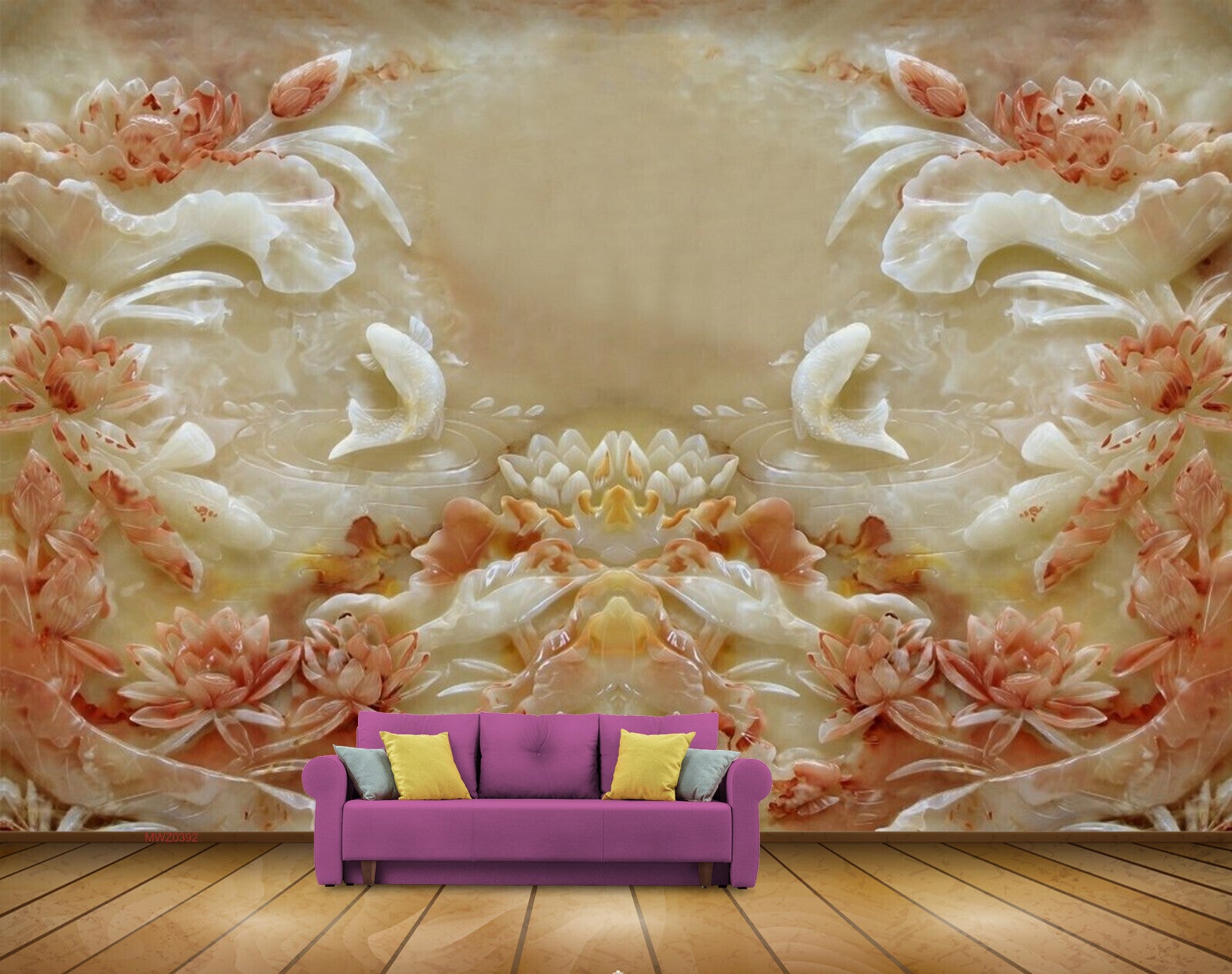 Avikalp MWZ0392 White Fishes Orange Flowers HD Wallpaper