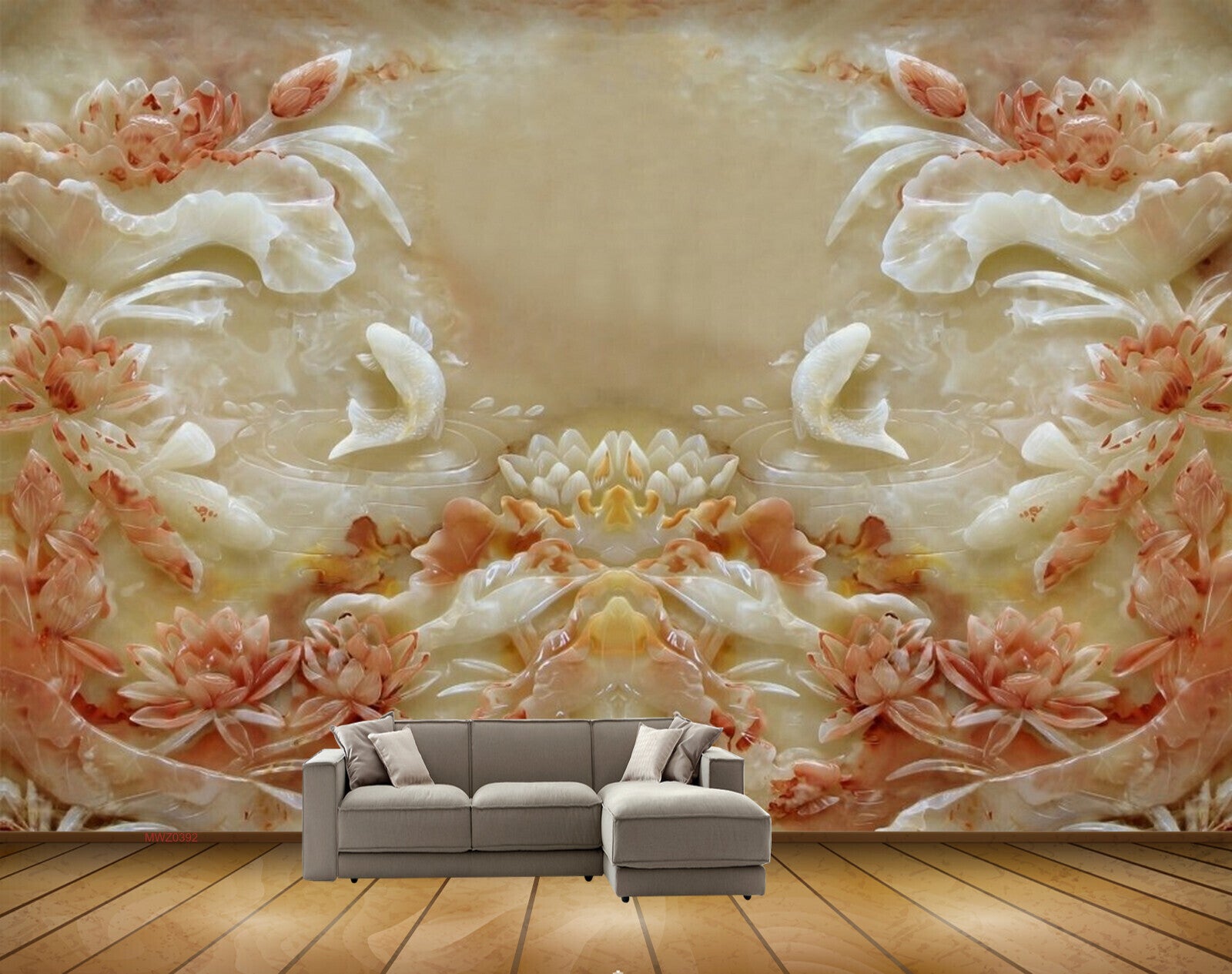 Avikalp MWZ0392 White Fishes Orange Flowers 3D HD Wallpaper