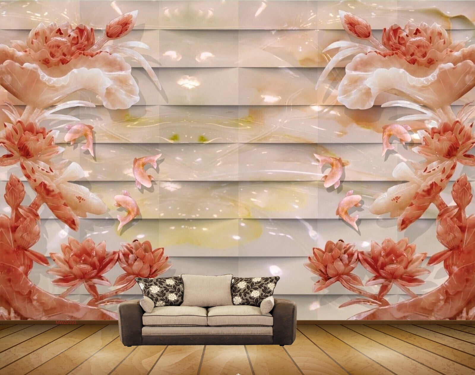 Avikalp MWZ0393 Red Flowers White Fishes 3D HD Wallpaper