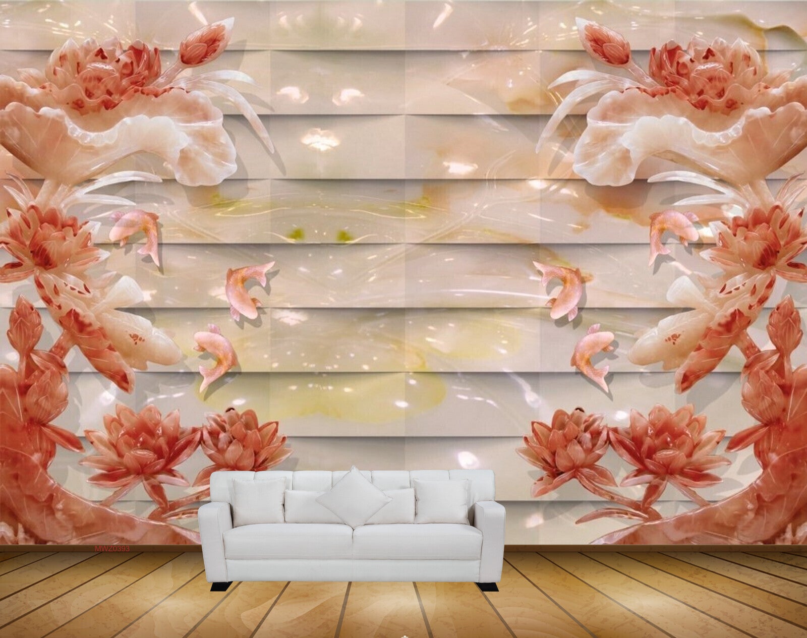 Avikalp MWZ0393 Red Flowers White Fishes 3D HD Wallpaper