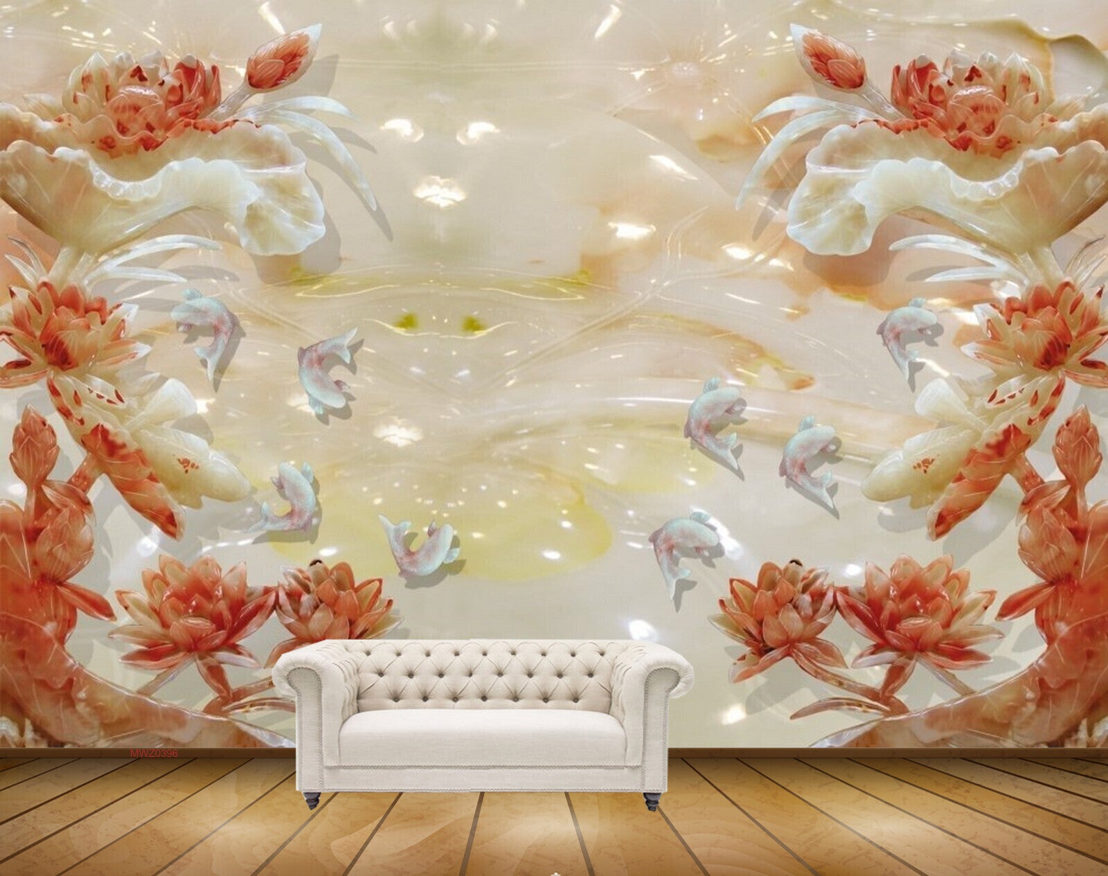 Avikalp MWZ0396 White Fishes Orange Flowers 3D HD Wallpaper