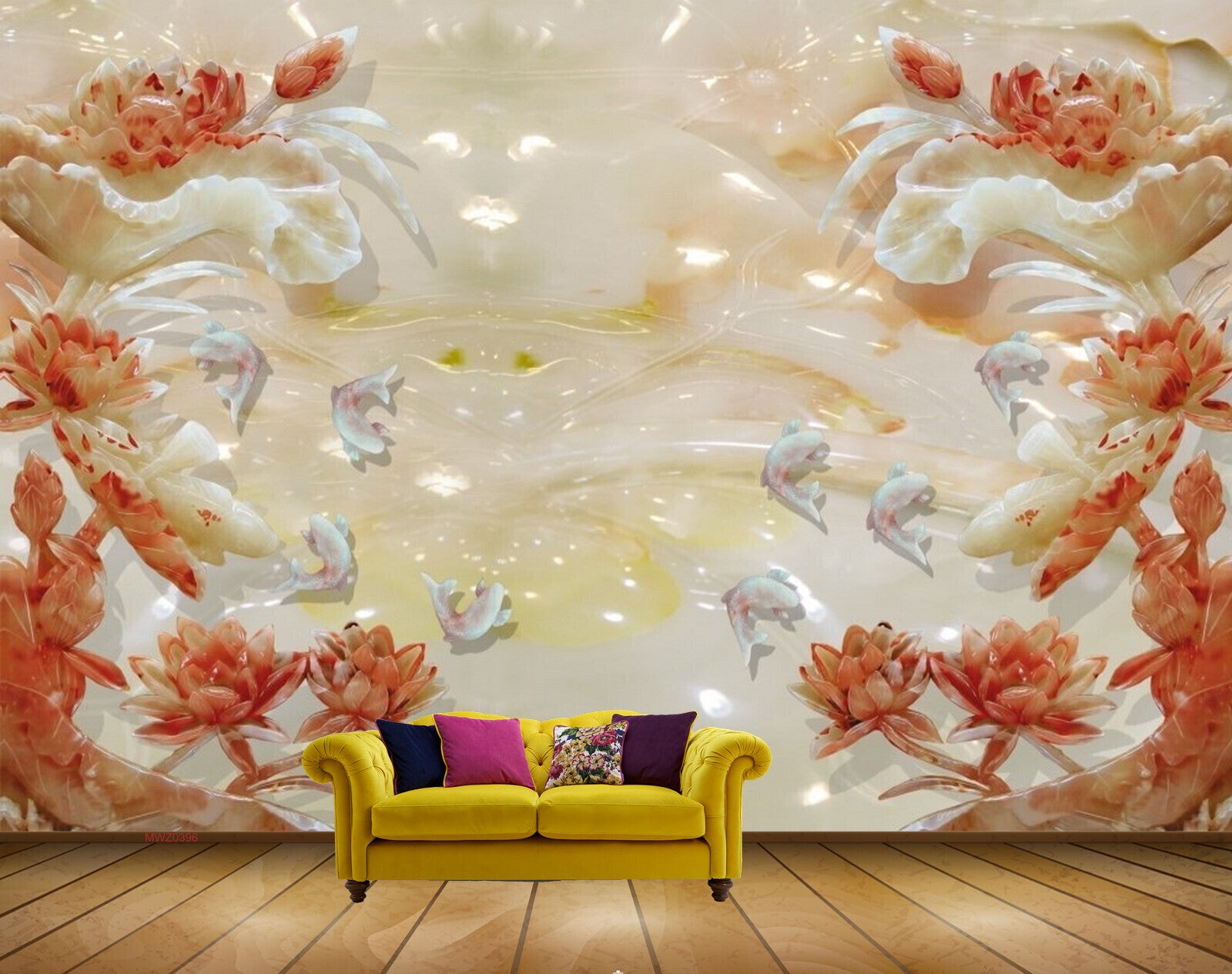 Avikalp MWZ0396 White Fishes Orange Flowers 3D HD Wallpaper
