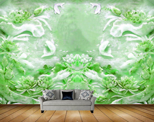 Avikalp MWZ0397 White Green Fishes Flowers HD Wallpaper