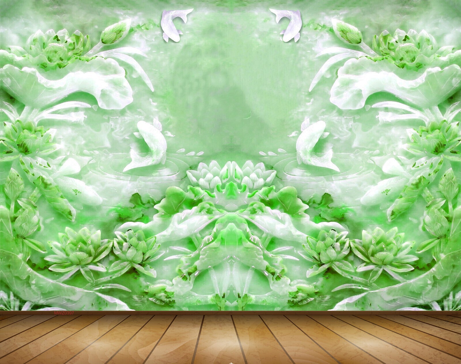 Avikalp MWZ0397 White Green Fishes Flowers 3D HD Wallpaper