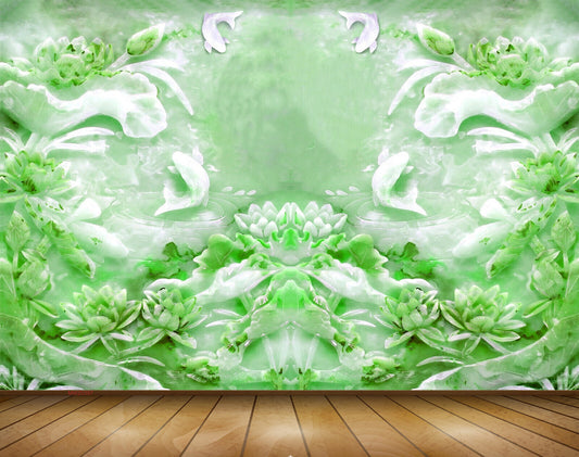 Avikalp MWZ0397 White Green Fishes Flowers 3D HD Wallpaper