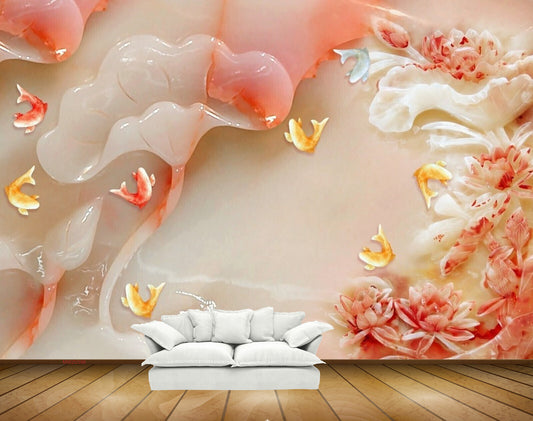 Avikalp MWZ0398 Pink Flowers Yellow  White Fishes HD Wallpaper
