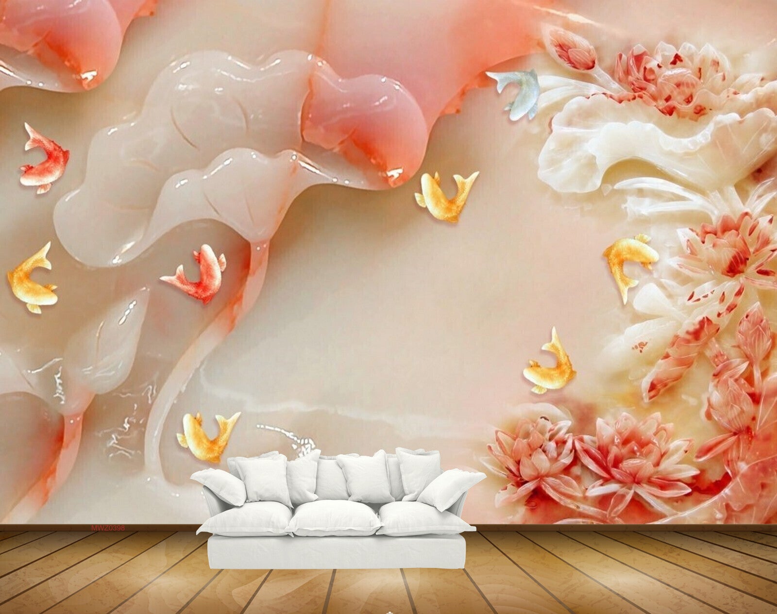 Avikalp MWZ0398 Pink Flowers Yellow  White Fishes 3D HD Wallpaper