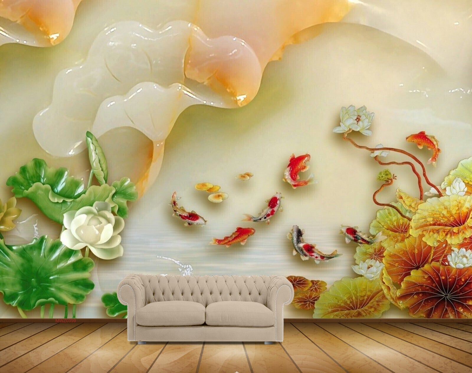 Avikalp MWZ0399 Orange White Flowers Fishes Leaves 3D HD Wallpaper