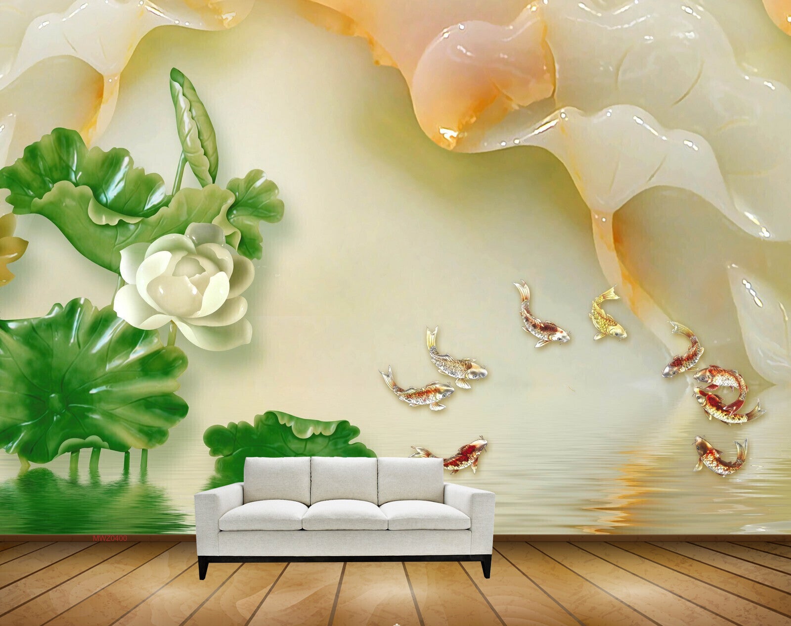 Avikalp MWZ0400 White Flower Leaves Fishes HD Wallpaper