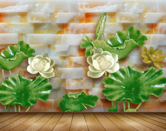 Avikalp MWZ0401 White Orange Flowers Green Leaves 3D HD Wallpaper