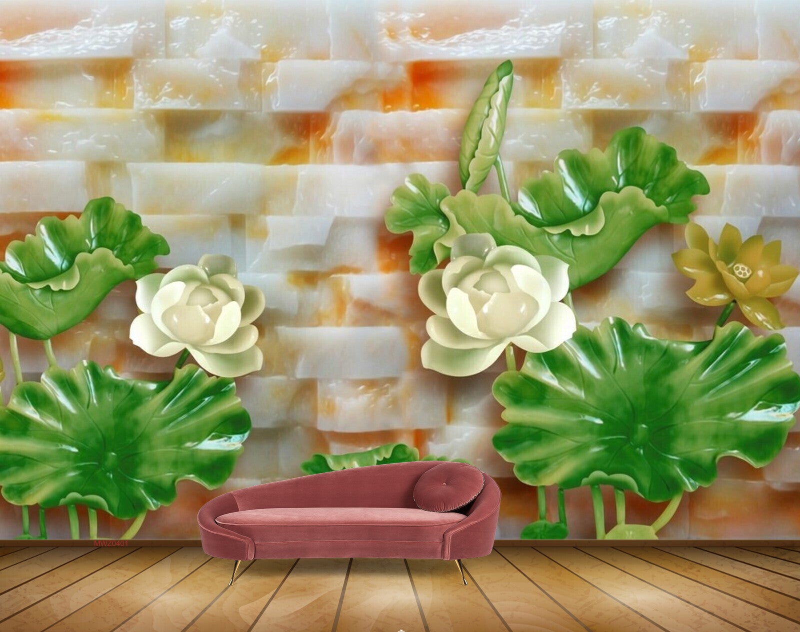 Avikalp MWZ0401 White Orange Flowers Green Leaves 3D HD Wallpaper