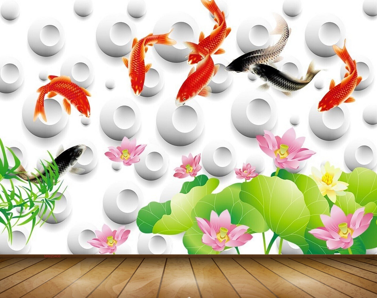 Avikalp MWZ0406 Pink Flowers Fishes Leaves 3D HD Wallpaper