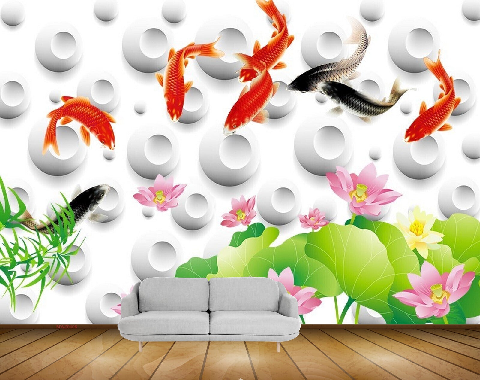 Avikalp MWZ0406 Pink Flowers Fishes Leaves 3D HD Wallpaper
