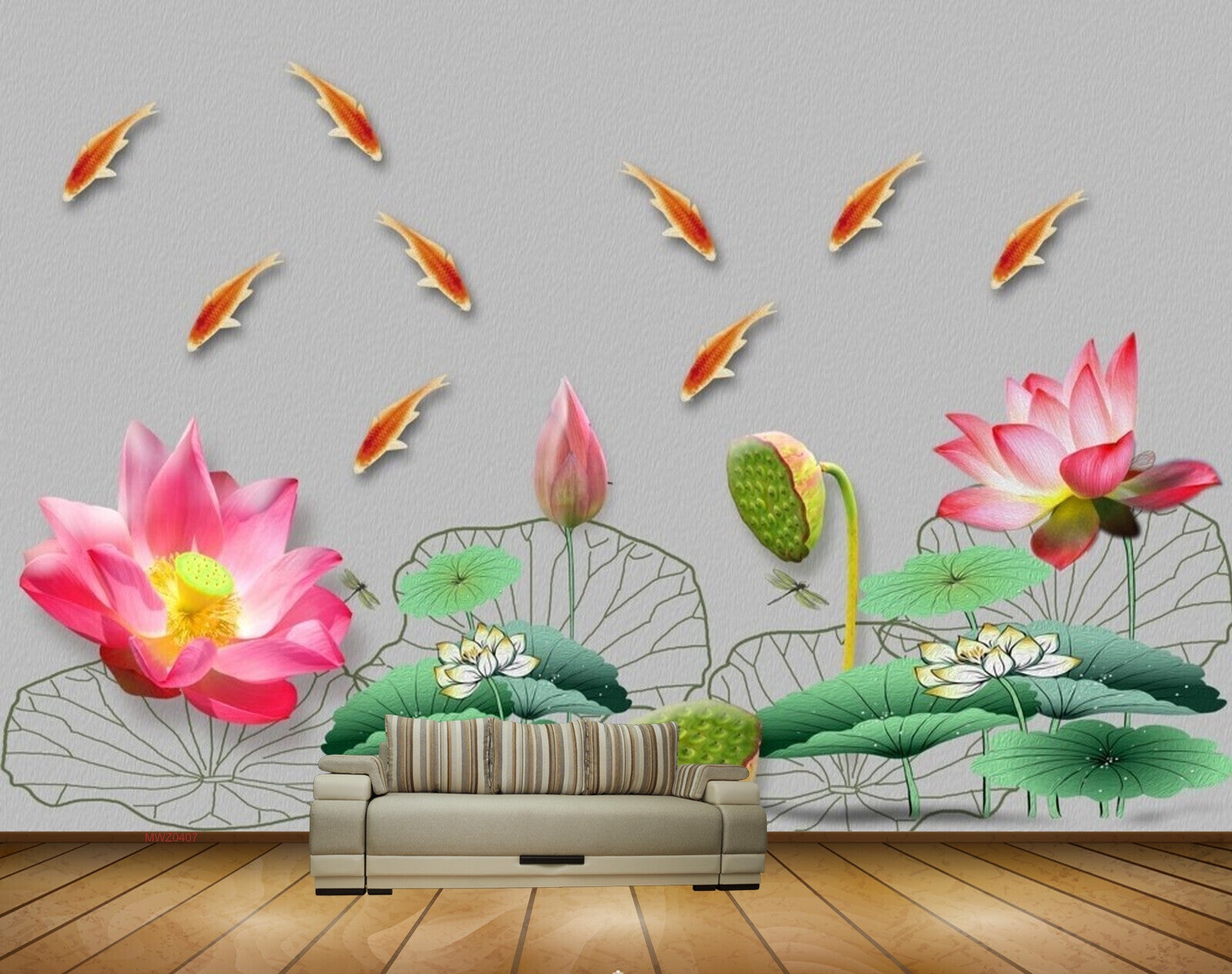 Avikalp MWZ0407 Pink Orange Lotus Flowers Fishes Flies 3D HD Wallpaper