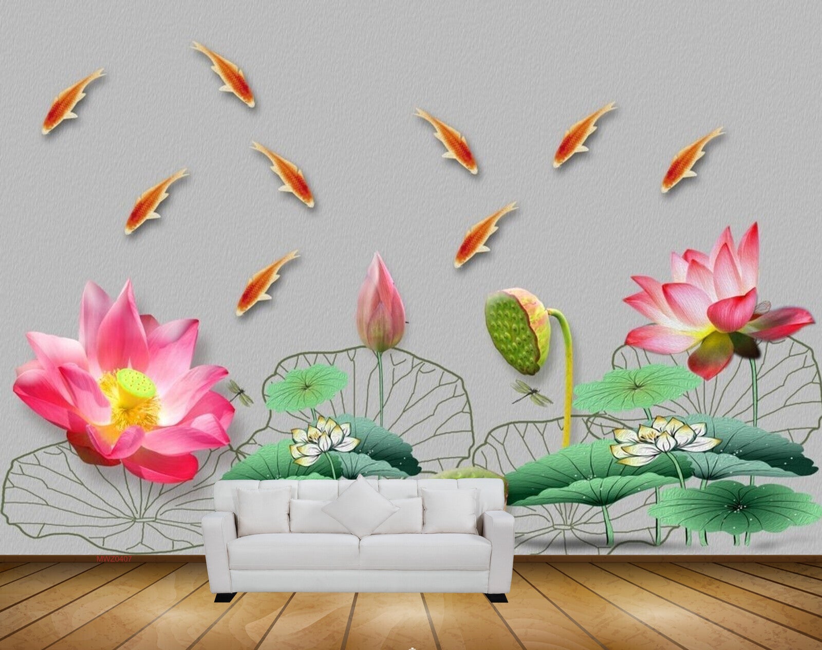 Avikalp MWZ0407 Pink Orange Lotus Flowers Fishes Flies 3D HD Wallpaper