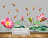 Avikalp MWZ0407 Pink Orange Lotus Flowers Fishes Flies 3D HD Wallpaper