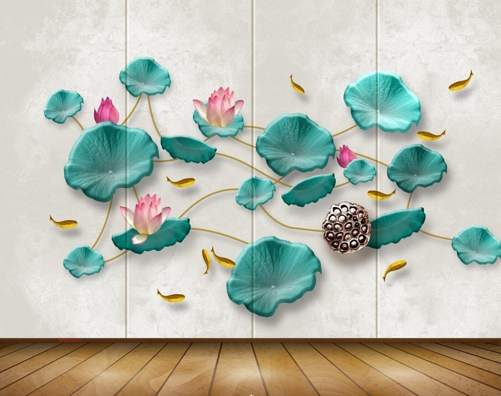 Avikalp MWZ0408 Pink White Flowers Fishes Green Leaves 3D HD Wallpaper
