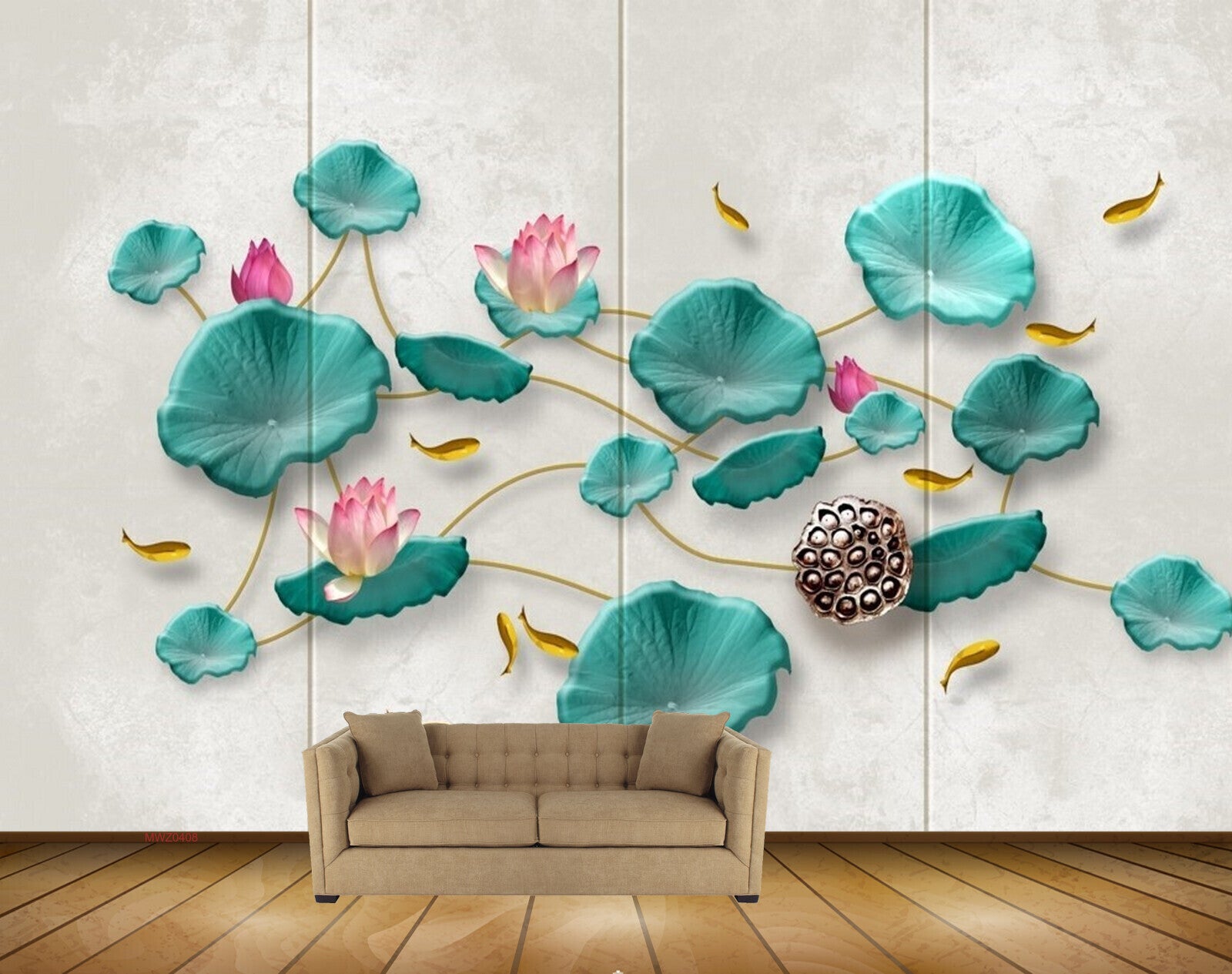 Avikalp MWZ0408 Pink White Flowers Fishes Green Leaves 3D HD Wallpaper