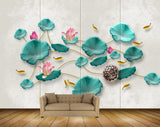 Avikalp MWZ0408 Pink White Flowers Fishes Green Leaves 3D HD Wallpaper