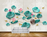 Avikalp MWZ0408 Pink White Flowers Fishes Green Leaves 3D HD Wallpaper
