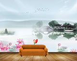 Avikalp MWZ0414 Pink Lotus Flowers Birds River Temple HD Wallpaper