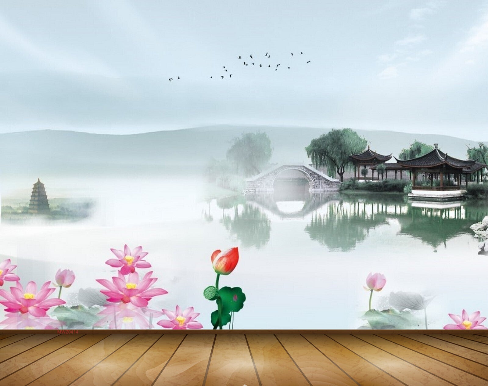 Avikalp MWZ0414 Pink Lotus Flowers Birds River Temple 3D HD Wallpaper