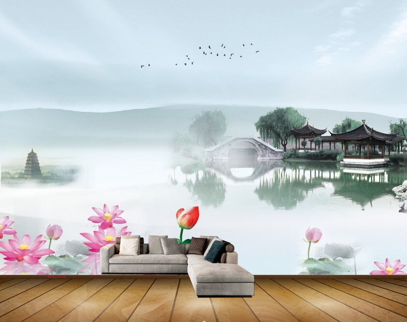 Avikalp MWZ0414 Pink Lotus Flowers Birds River Temple 3D HD Wallpaper