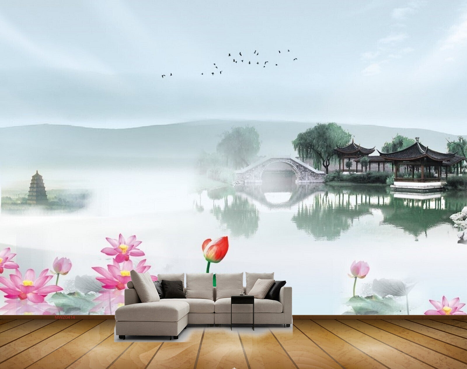 Avikalp MWZ0414 Pink Lotus Flowers Birds River Temple 3D HD Wallpaper