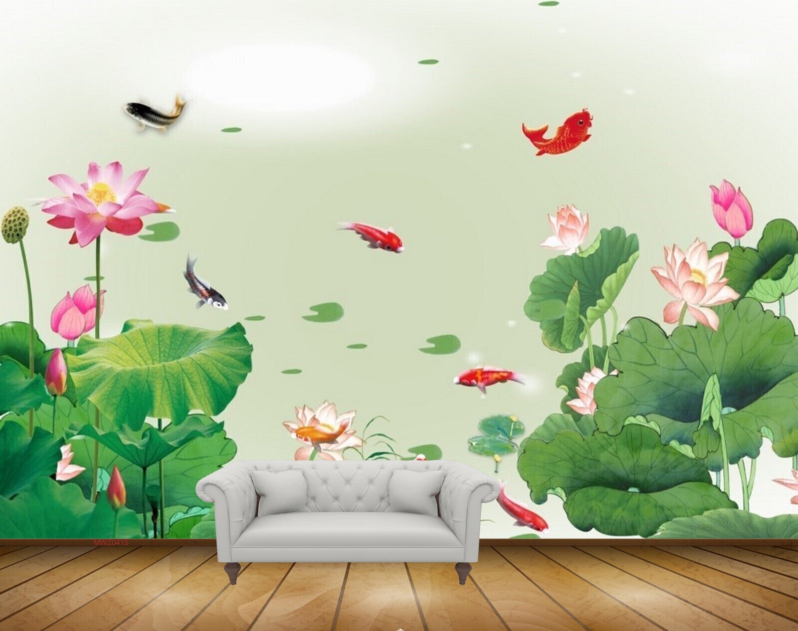 Avikalp MWZ0415 Pink White Flowers Fishes Leaves 3D HD Wallpaper