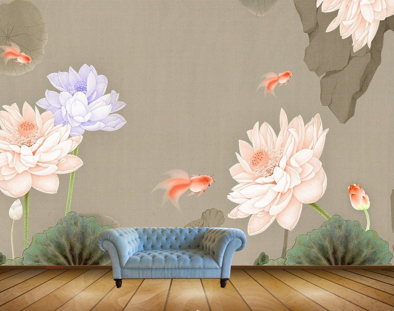 Avikalp MWZ0418 Orange Violet Flowers Fishes Leaves HD Wallpaper