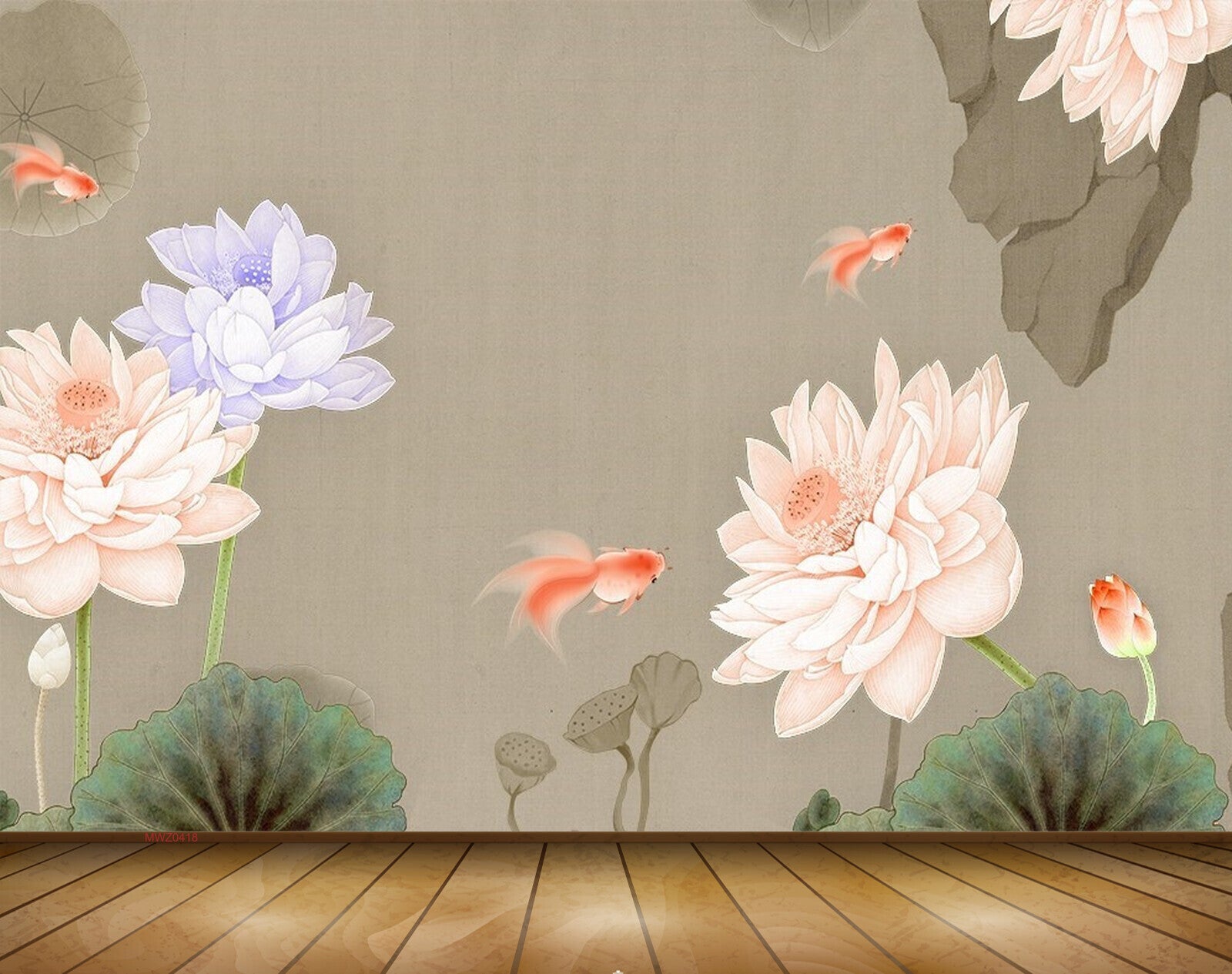 Avikalp MWZ0418 Orange Violet Flowers Fishes Leaves 3D HD Wallpaper
