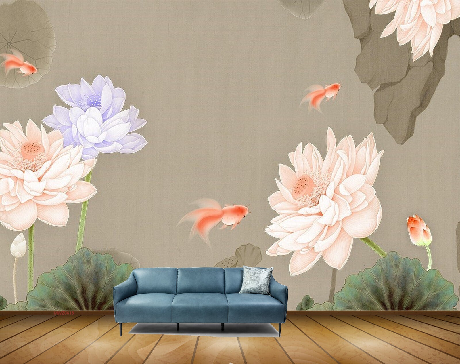 Avikalp MWZ0418 Orange Violet Flowers Fishes Leaves 3D HD Wallpaper