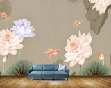 Avikalp MWZ0418 Orange Violet Flowers Fishes Leaves 3D HD Wallpaper