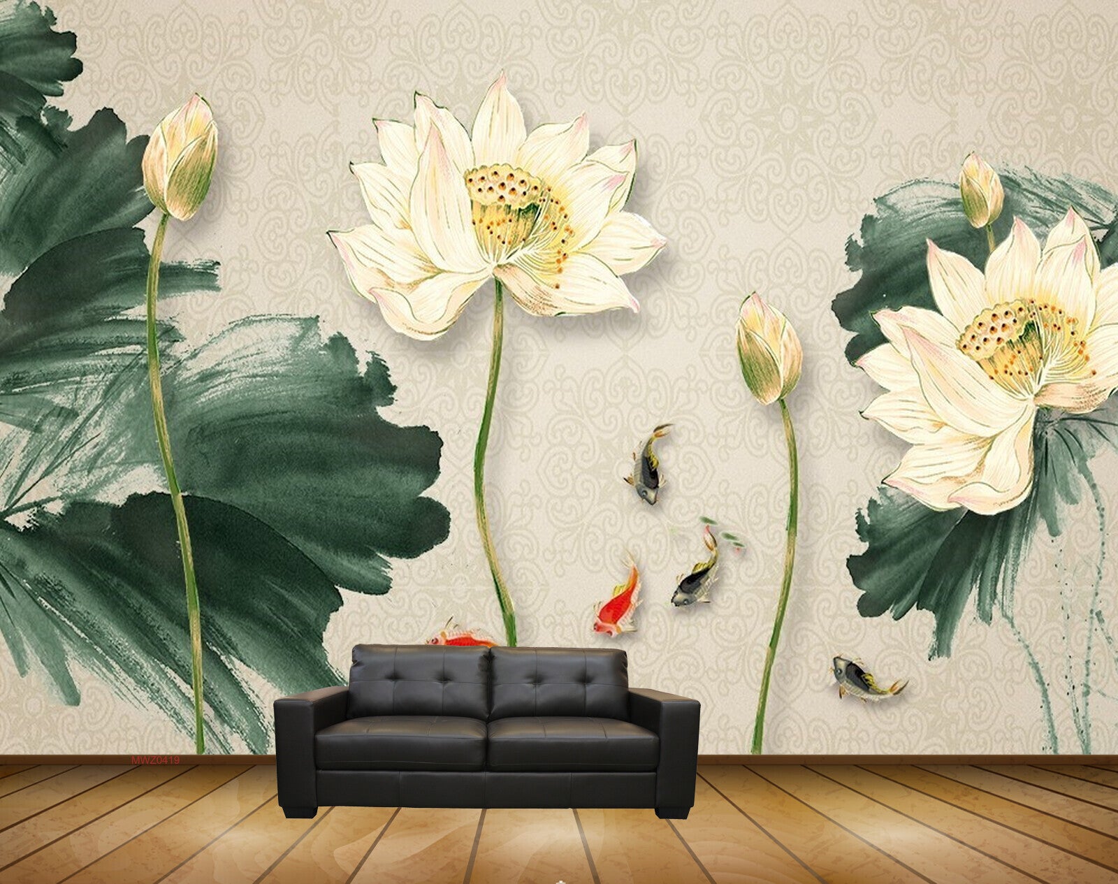 Avikalp MWZ0419 White Flowers Fishes Leaves 3D HD Wallpaper