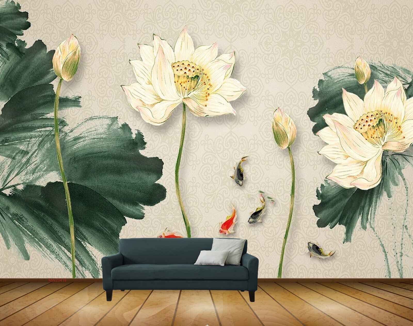 Avikalp MWZ0419 White Flowers Fishes Leaves 3D HD Wallpaper