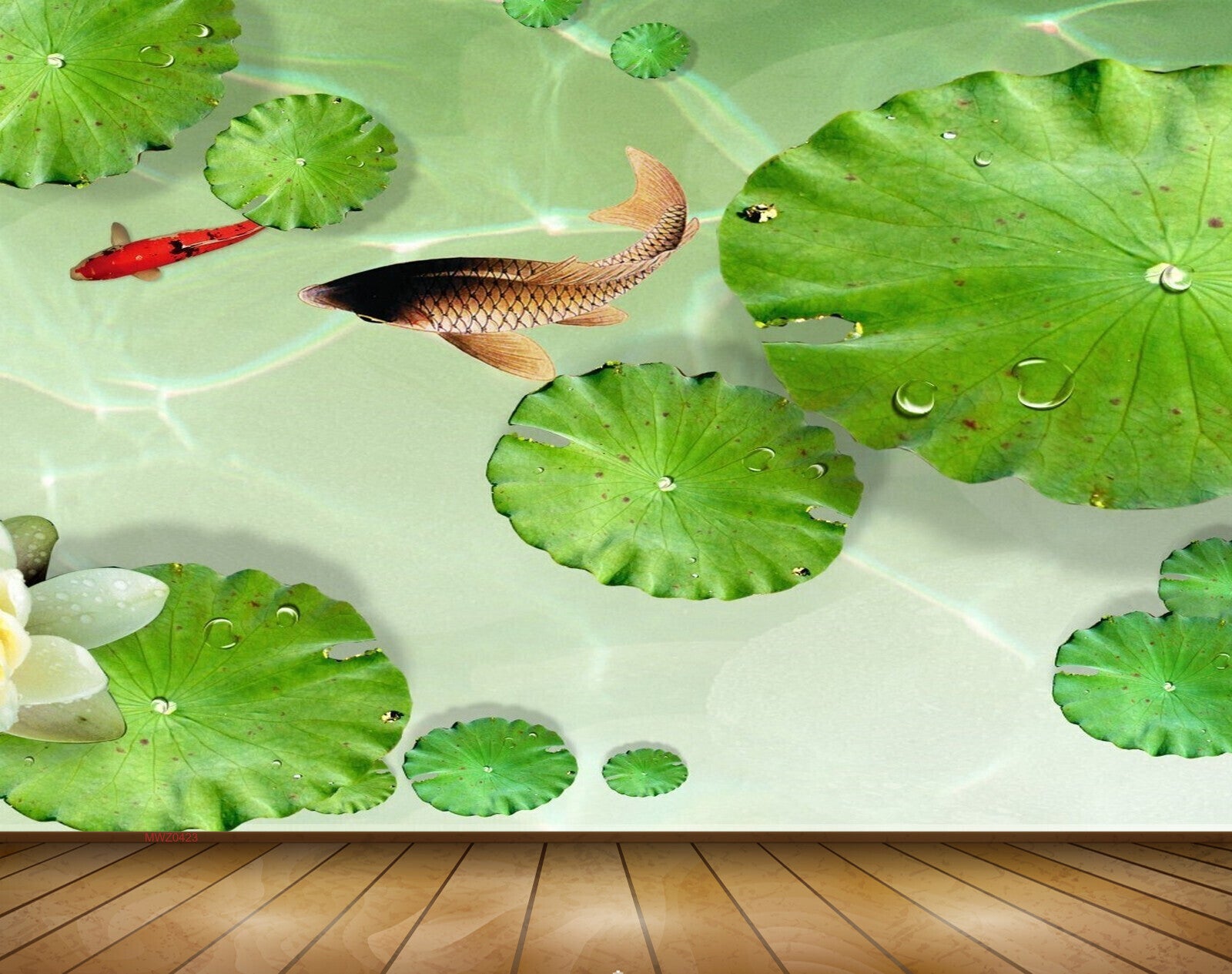 Avikalp MWZ0423 Fishes Leaves White FLower 3D HD Wallpaper