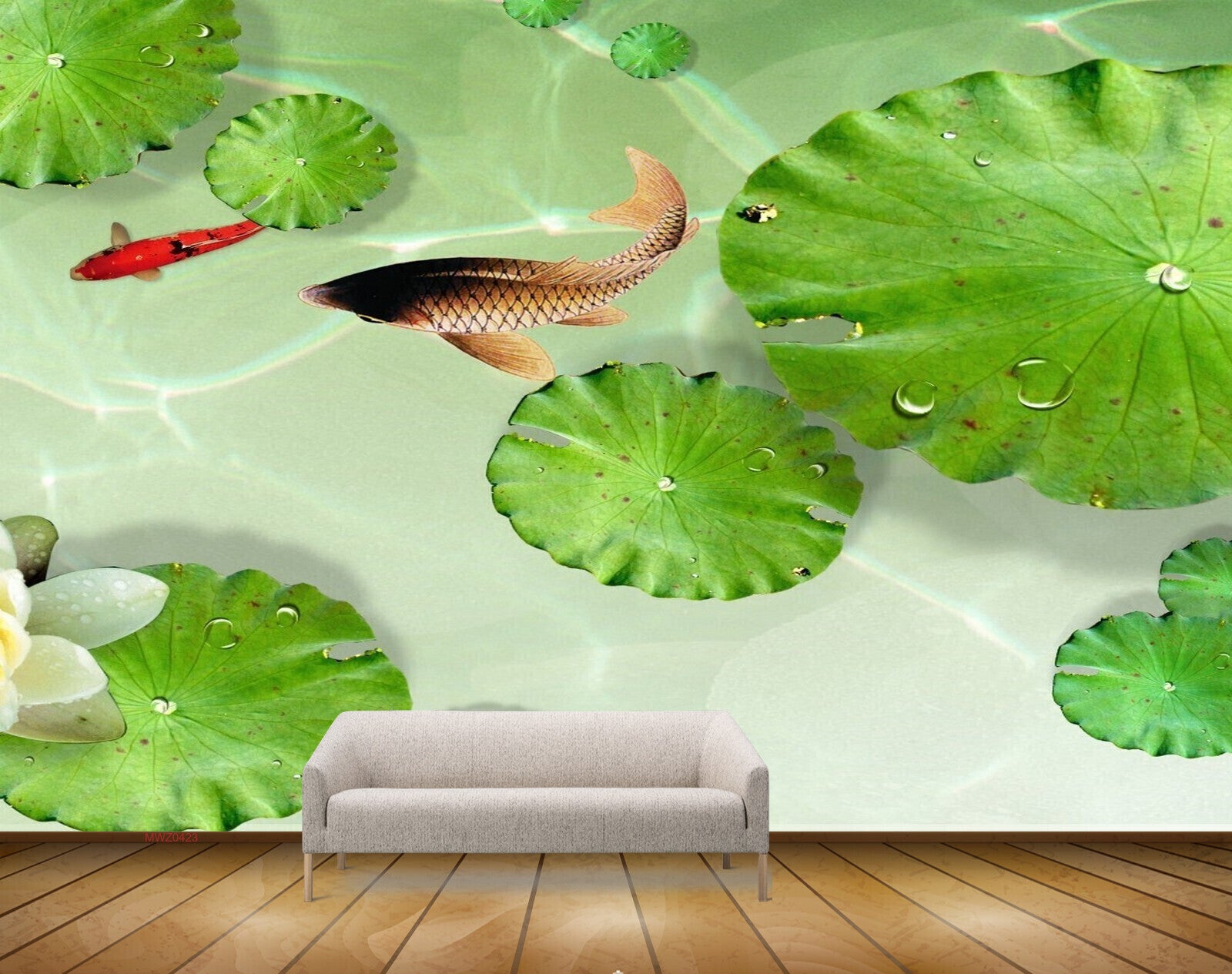Avikalp MWZ0423 Fishes Leaves White FLower 3D HD Wallpaper