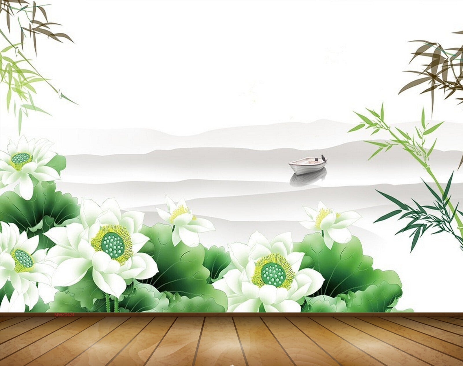 Avikalp MWZ0424 White Flowers Boat Bird 3D HD Wallpaper