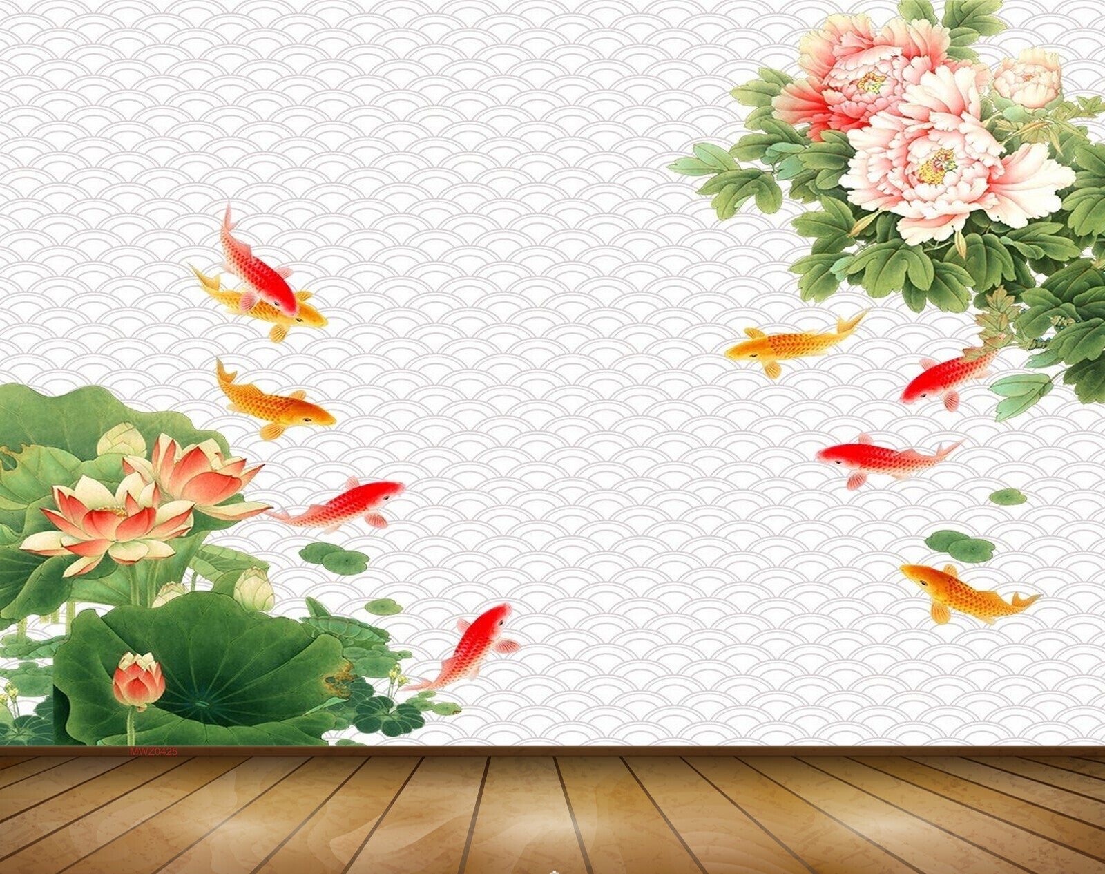 Avikalp MWZ0425 Orange Yellow Fishes Flowers Leaves 3D HD Wallpaper