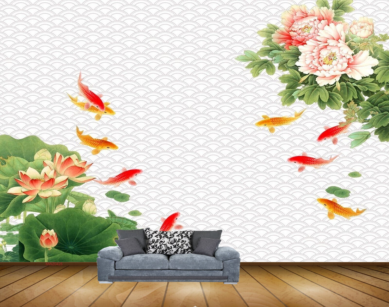 Avikalp MWZ0425 Orange Yellow Fishes Flowers Leaves 3D HD Wallpaper