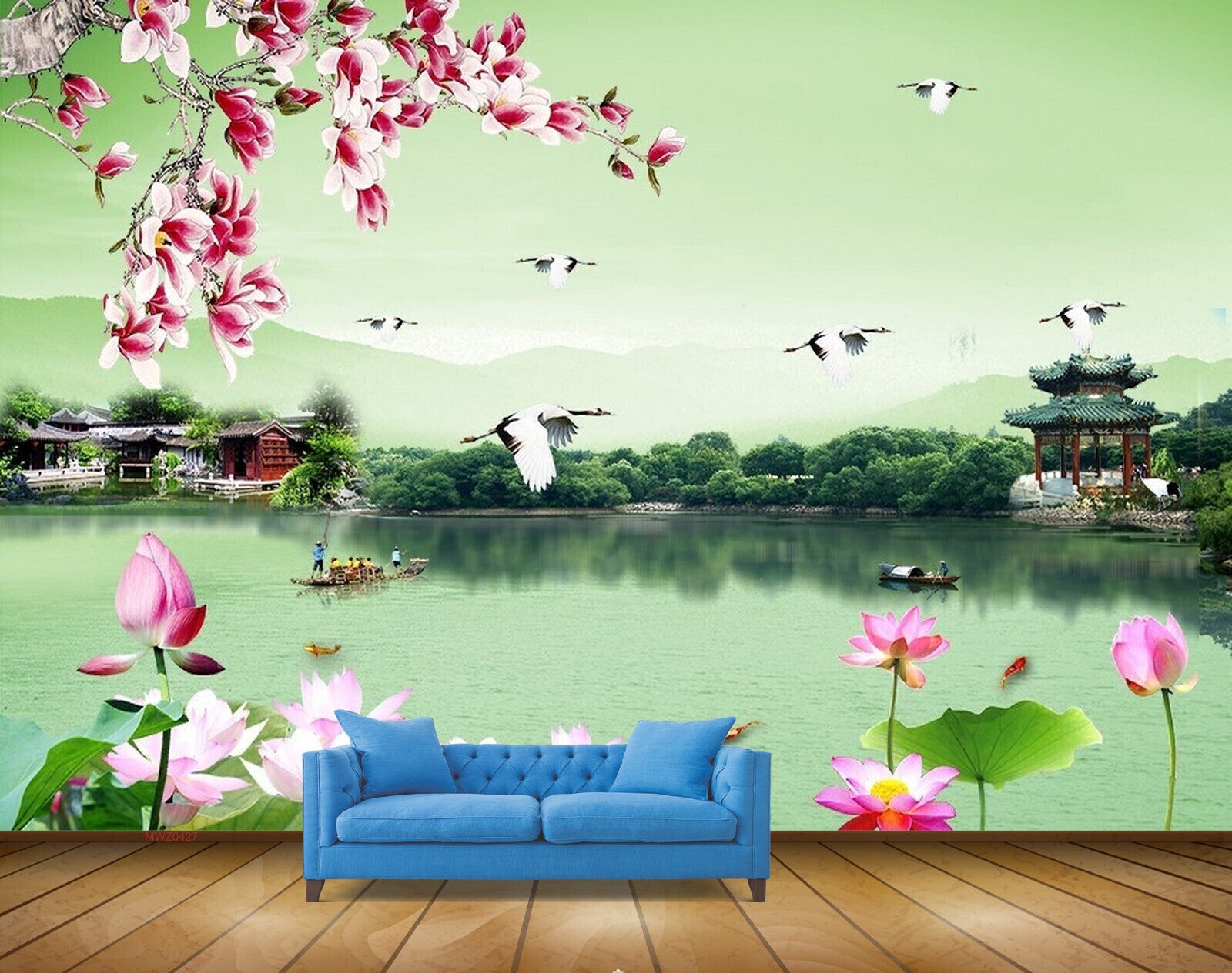 Avikalp MWZ0427 Pink White Flowers Birds House River Boat HD Wallpaper