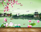 Avikalp MWZ0427 Pink White Flowers Birds House River Boat 3D HD Wallpaper