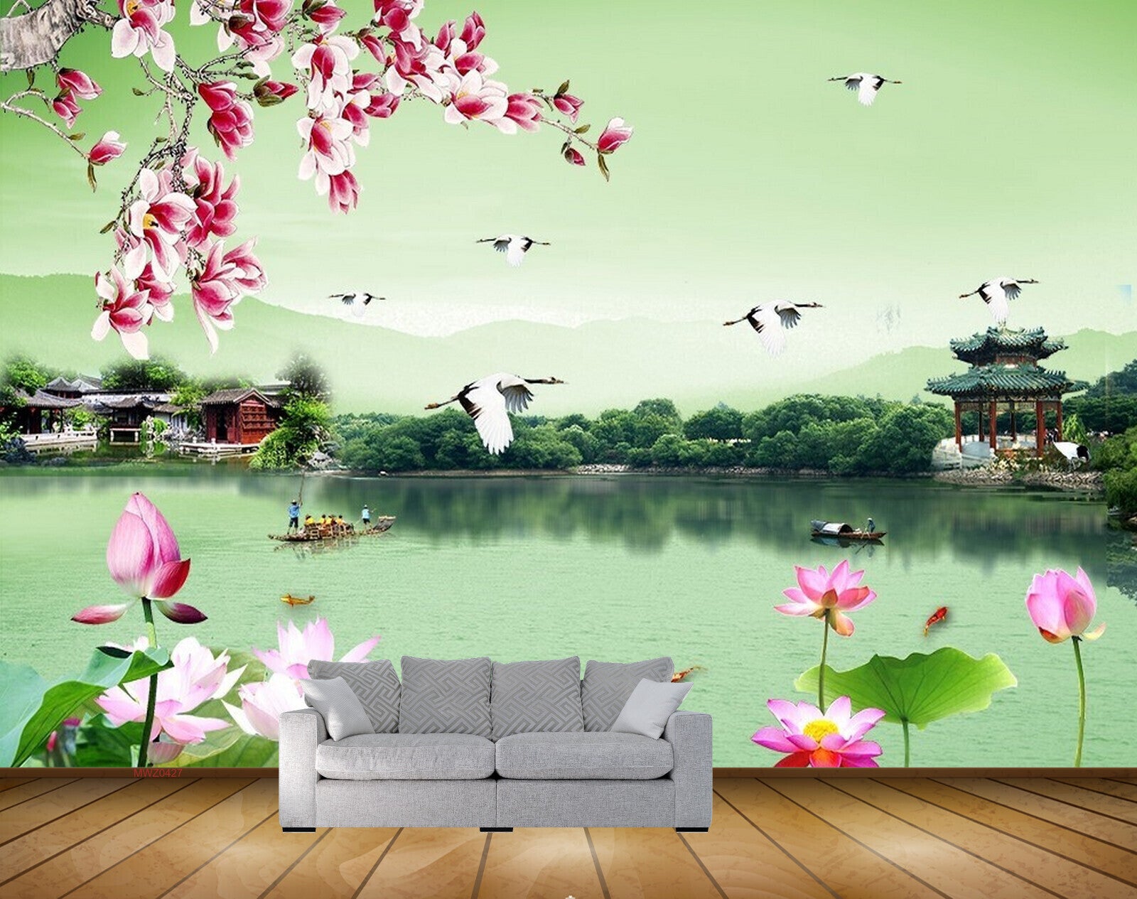 Avikalp MWZ0427 Pink White Flowers Birds House River Boat 3D HD Wallpaper