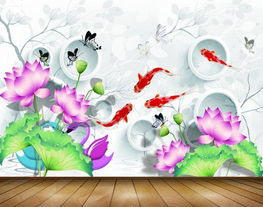 Avikalp MWZ0429 Orange Fishes Pink Flowers Butterflies Leaves 3D HD Wallpaper
