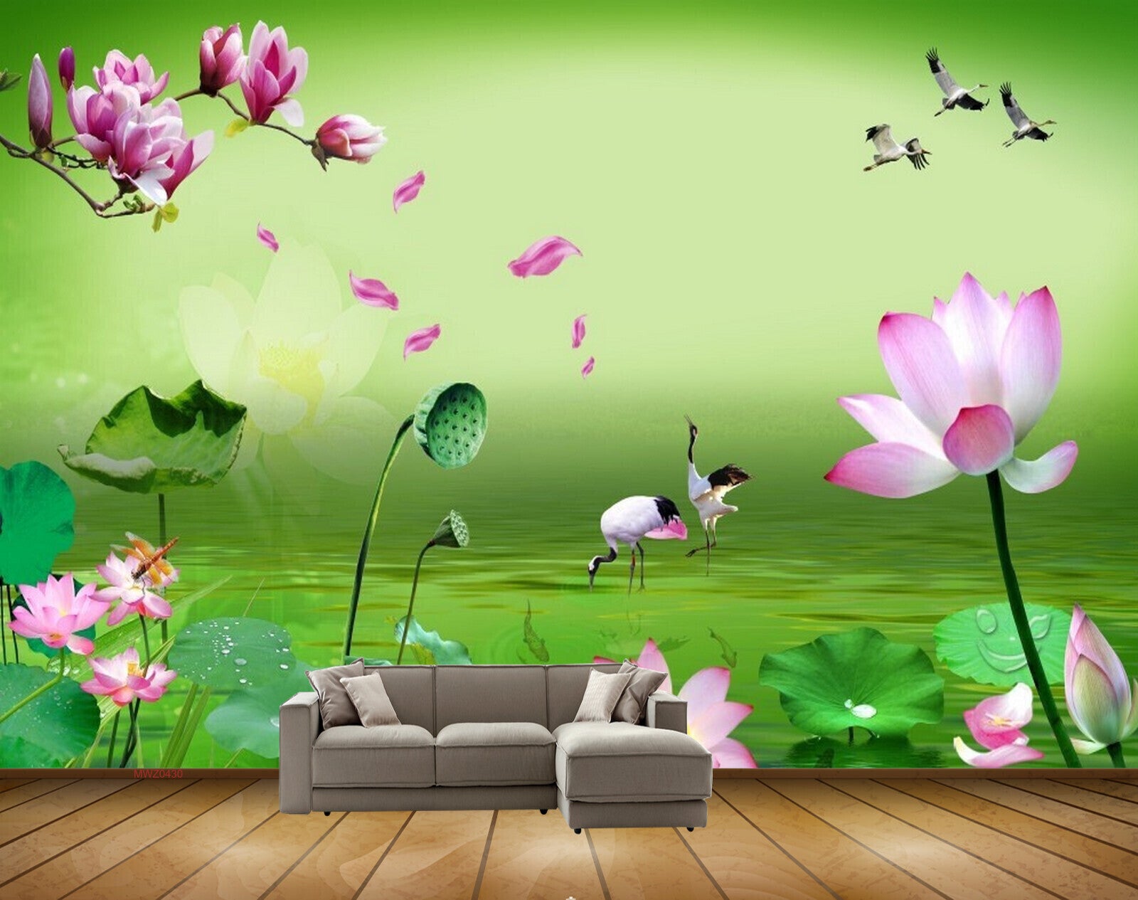 Avikalp MWZ0430 Pink Flowers Birds Swans Flies HD Wallpaper