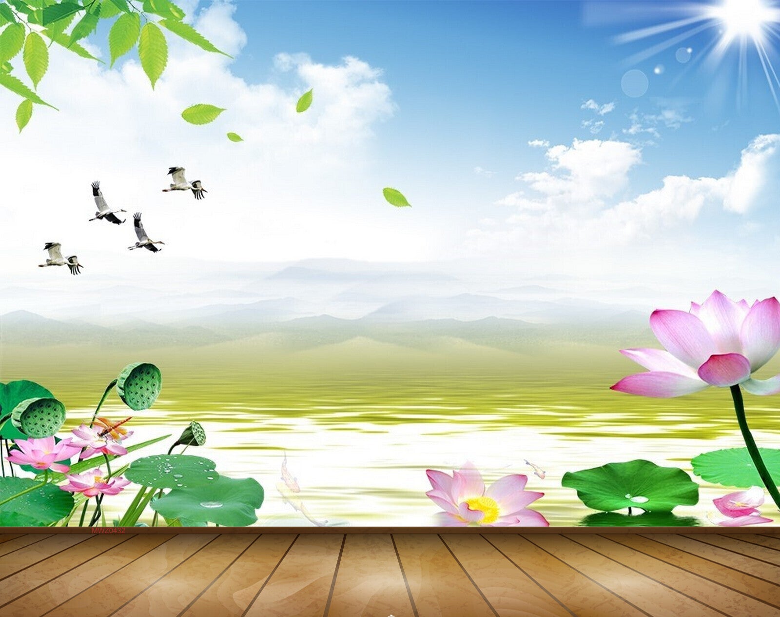 Avikalp MWZ0432 Pink Flowers Birds Leaves Sun Sky 3D HD Wallpaper