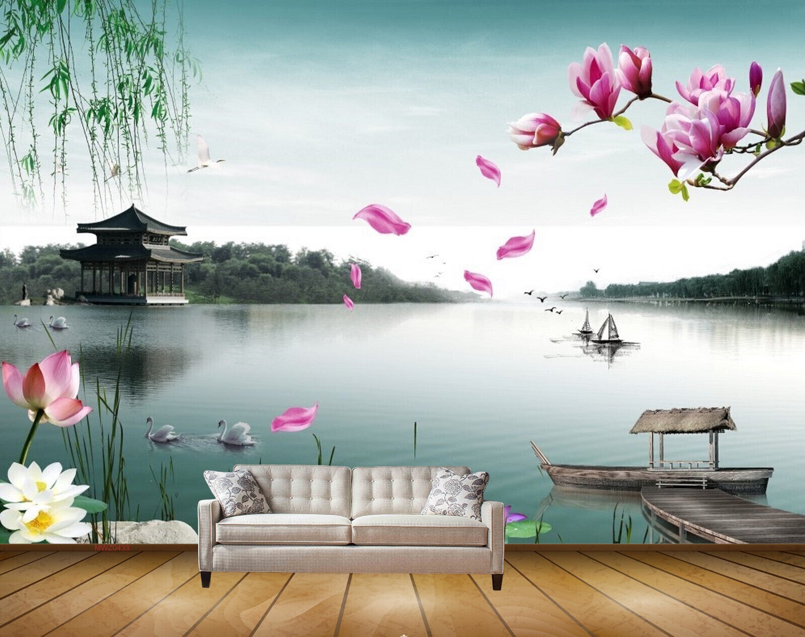 Avikalp MWZ0433 Pink White Flowers Stones River Boat Swans HD Wallpaper